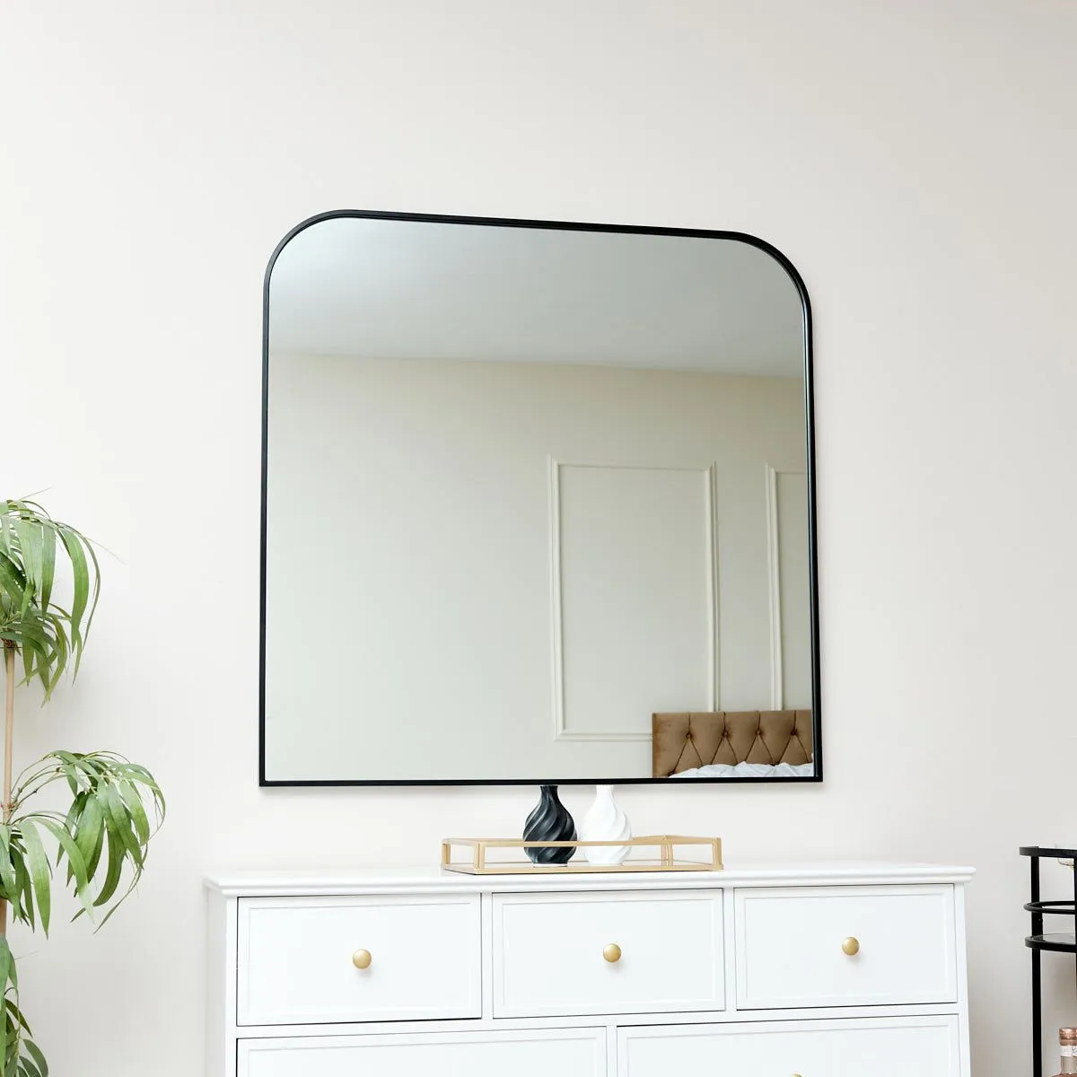 Melody Maison Large Black Curved Square Arched Overmantel Mirror 100cm X 100cm in Jet Black 6