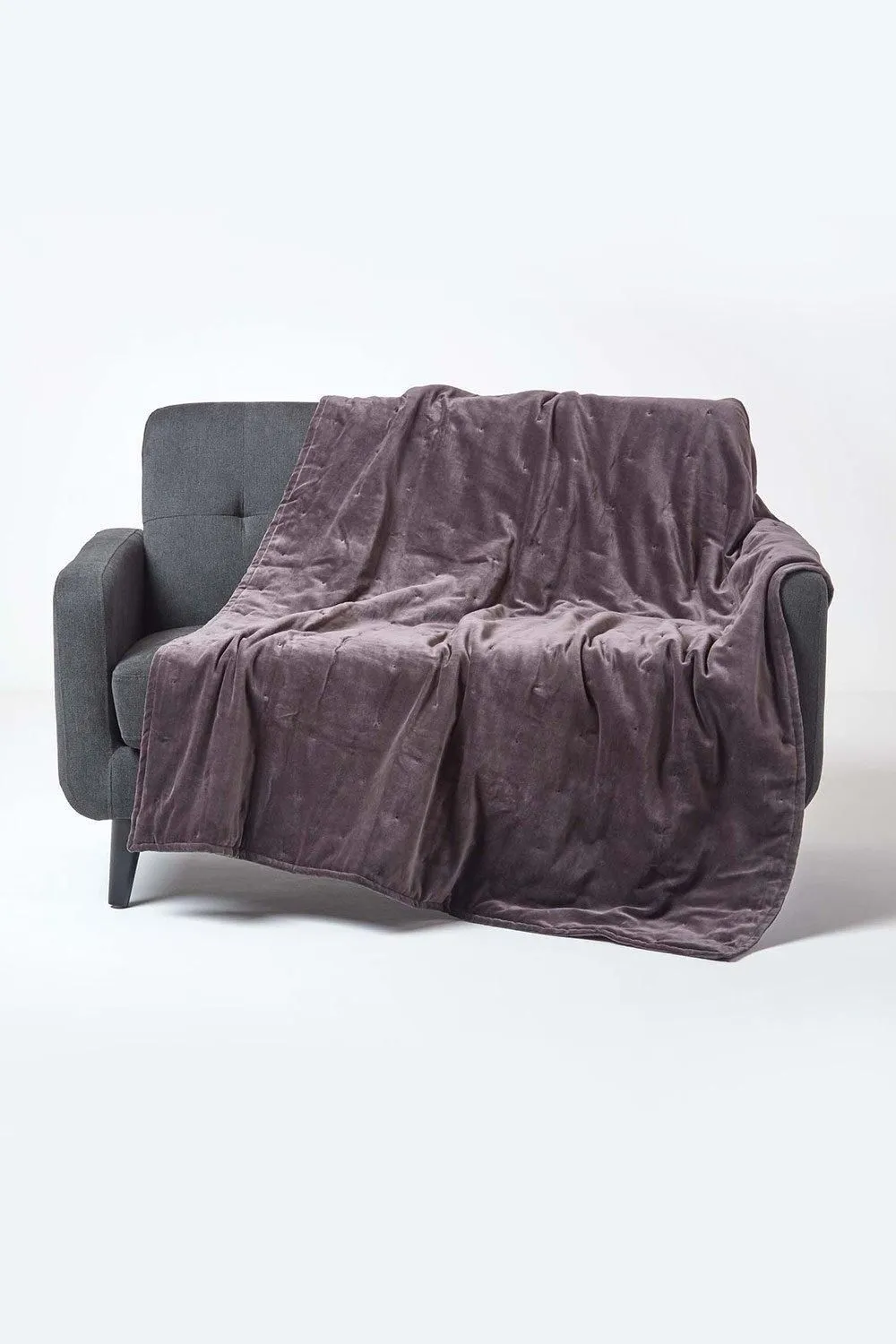 Homescapes Velvet Quilted Throw 100% Cotton, Soft & Luxurious Blanket in Dark Grey