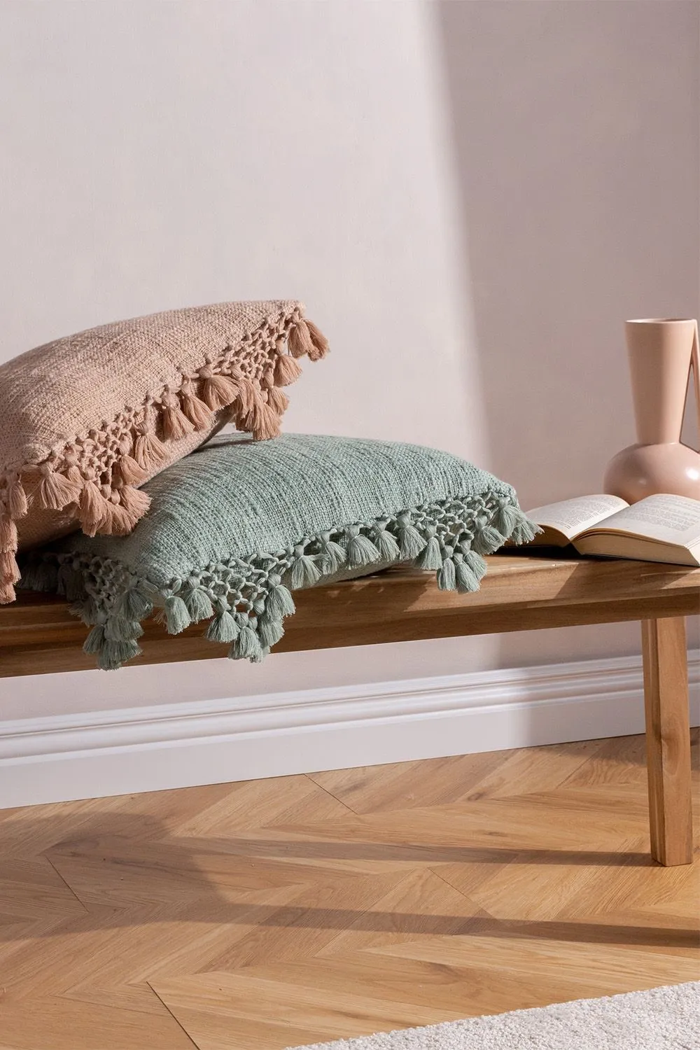Yard Anko Slub Cotton Macrame Tassel Trimmed Cushion in Light Green 4
