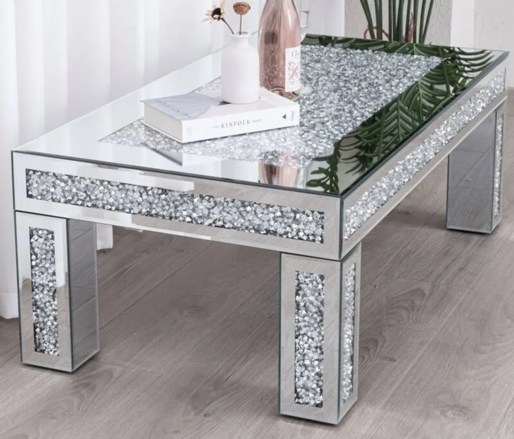 Comfy Living Ltd Rectangular Diamond Mirror Crystal Coffee Table in Silver 3