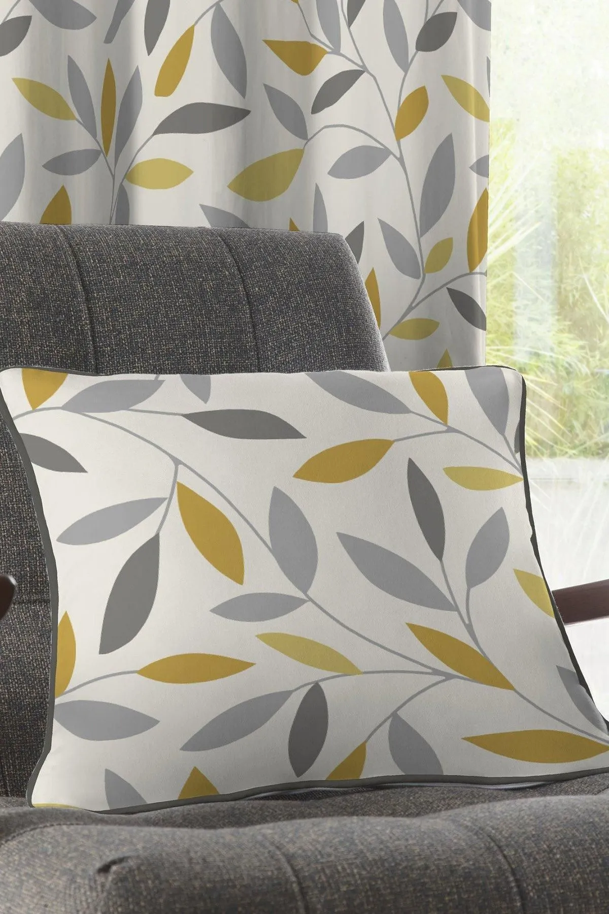 Fusion 'Beechwood' Classic Leaf Trail Print 100% Cotton Filled Cushion in Mustard 1