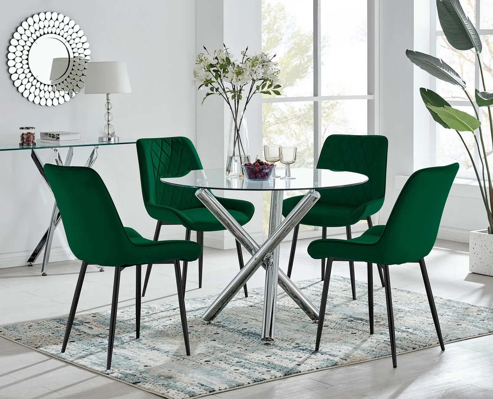 FurnitureboxUK Selina Round Glass Chrome Leg Dining Table & Pesaro Black Leg Chairs in Green 1