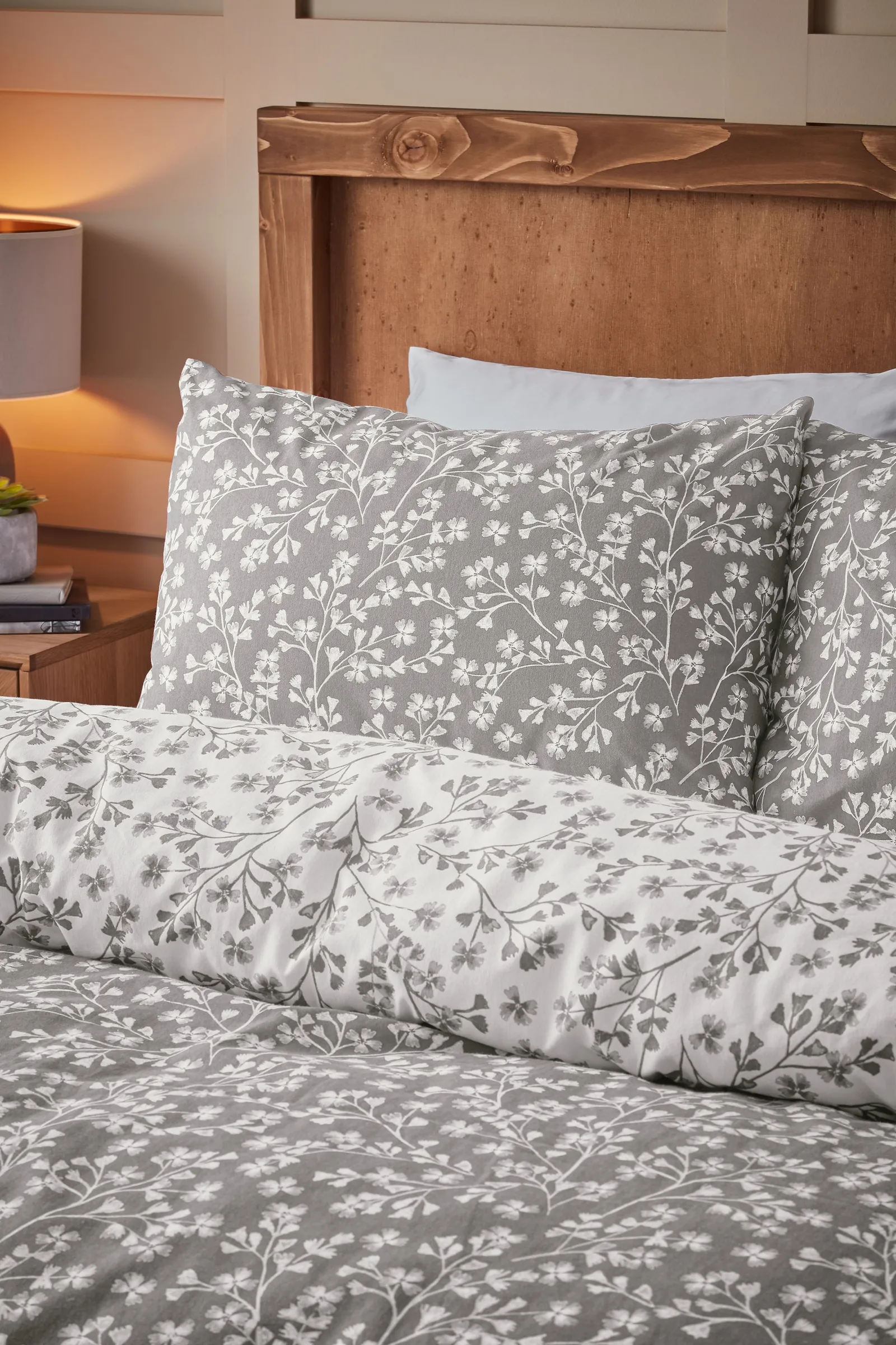 Catherine Lansfield 'Brushed Grace Floral Leaf' Cotton Reversible Duvet Cover Set in Grey 3