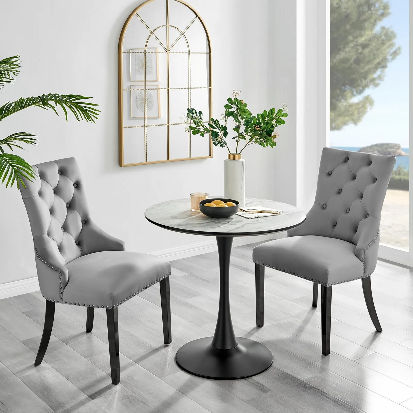 FurnitureboxUK Elina White Marble Effect Scratch Resistant Dining Table & 2 Belgravia Velvet Black Leg Chairs in Grey 1
