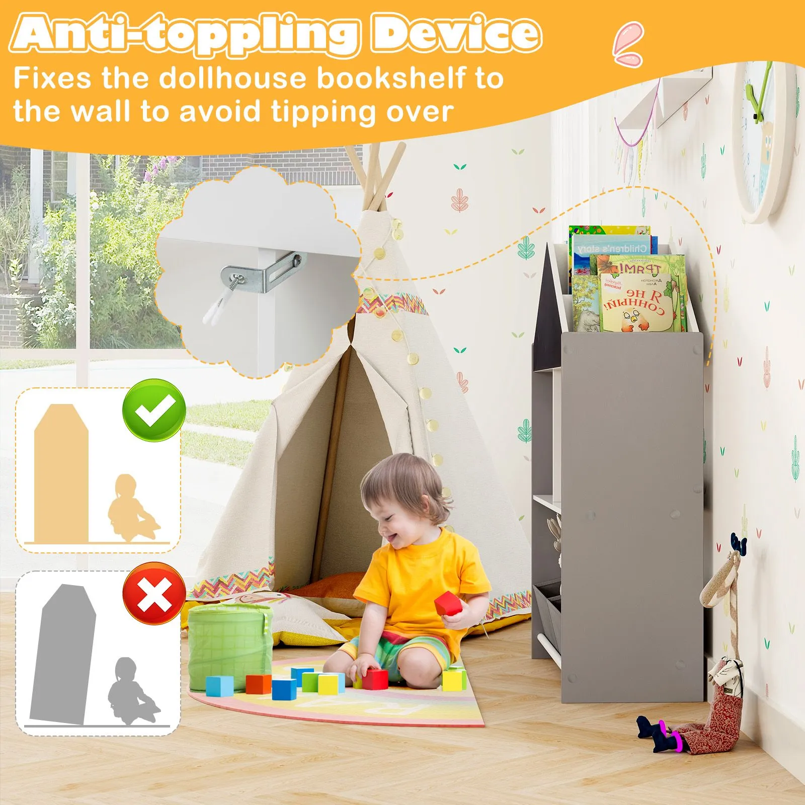 Costway Dollhouse Bookshelf Wooden Toy Storage Organizer with Writable Chalkboard in Grey 6
