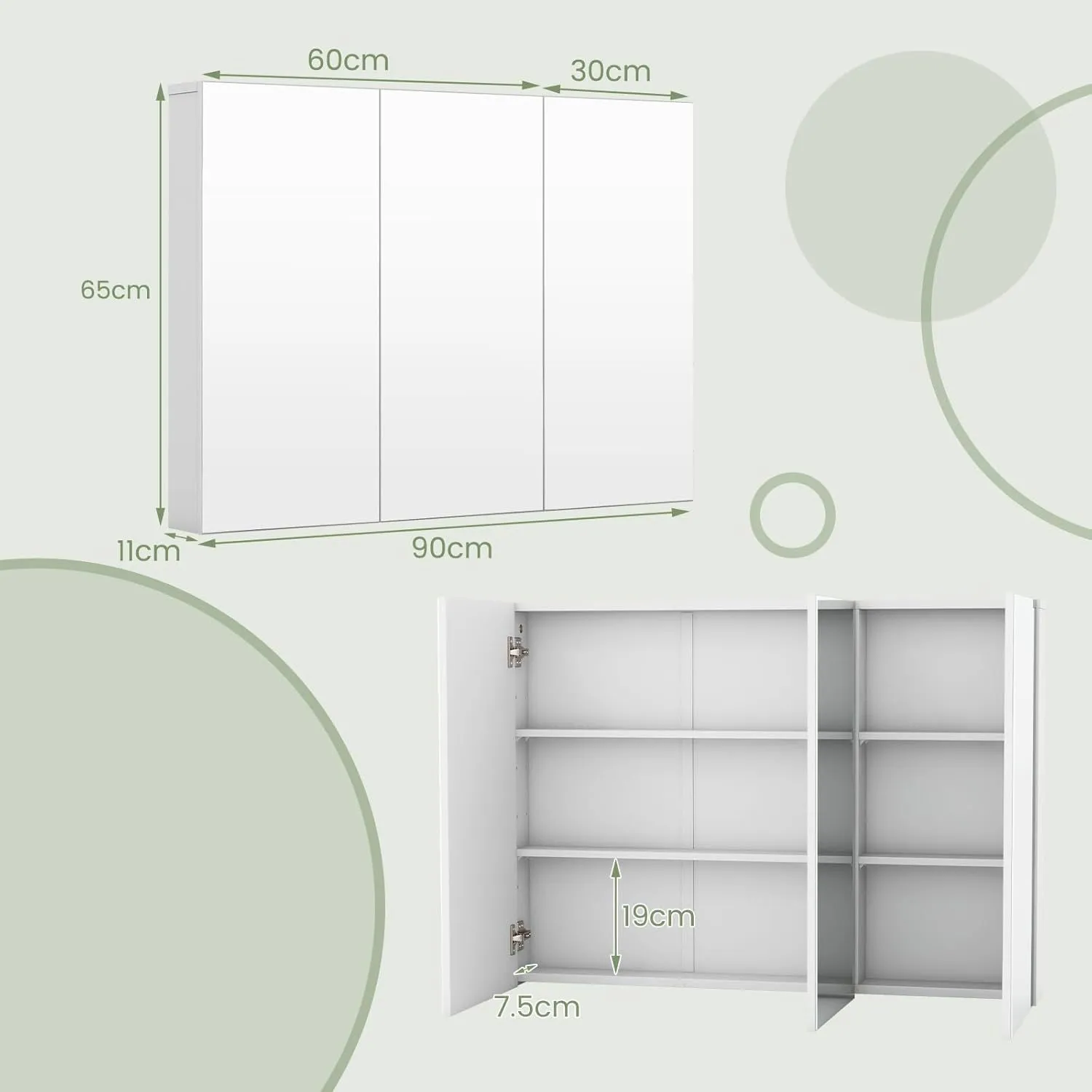 Costway Wall-Mounted Bathroom Mirror Cabinet 3 Door Storage Cupboard Adjustable Shelves in White 2