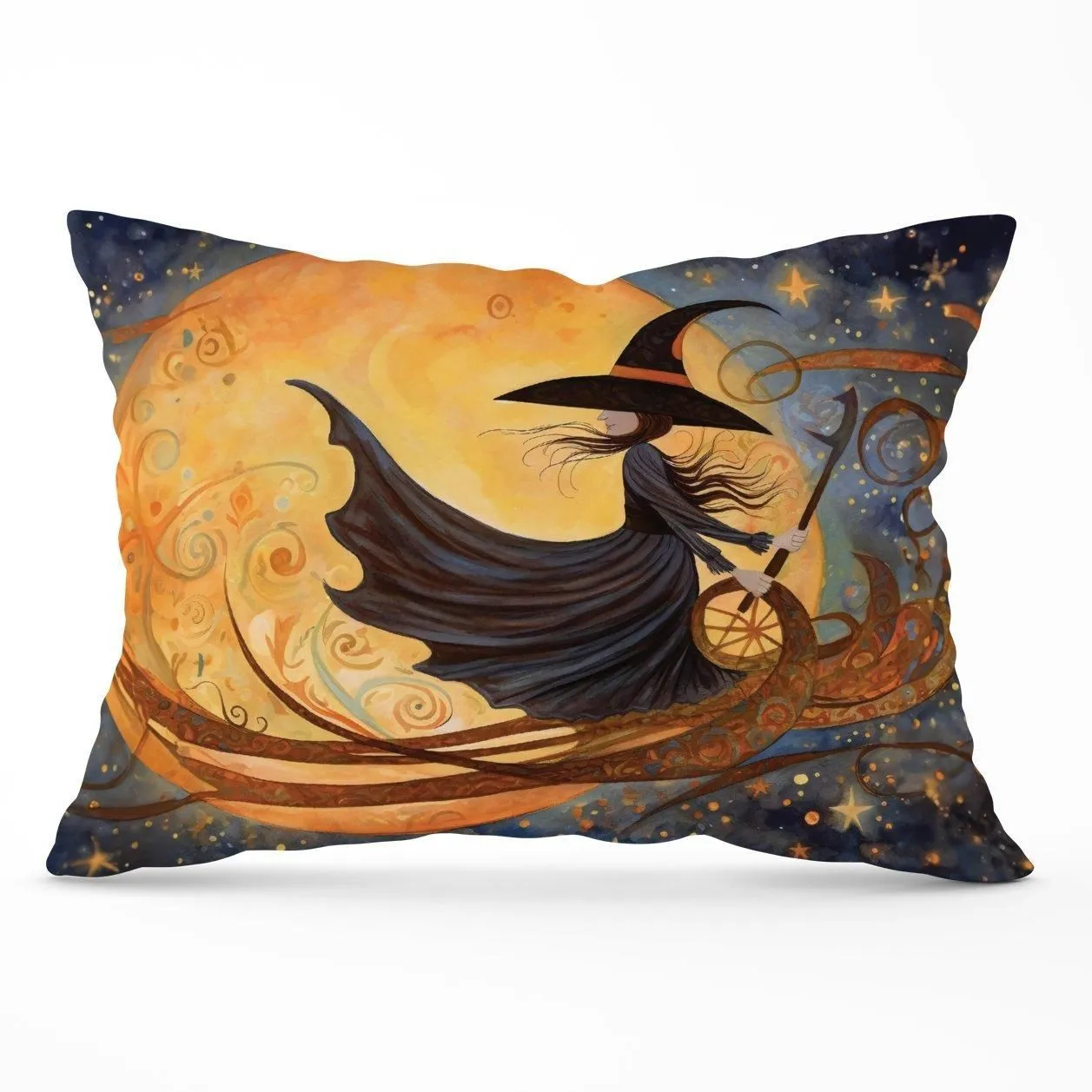 Warren Reed - Designer Whimsical Witch On A Broomstick Cushions in Orange
