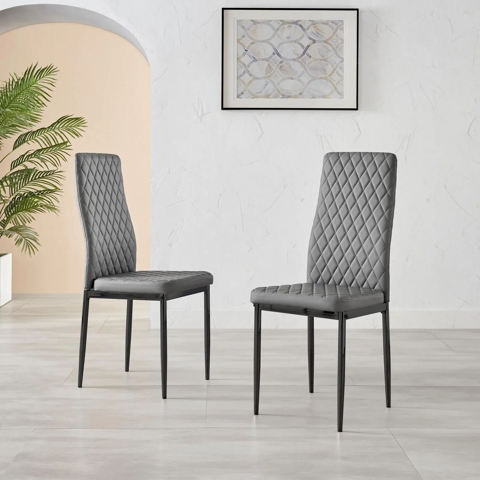 FurnitureboxUK Set of 6 Milan High Back Soft Touch Diamond Pattern Faux Leather Dining Chairs With Black Powder Coated Metal Legs in Grey 2