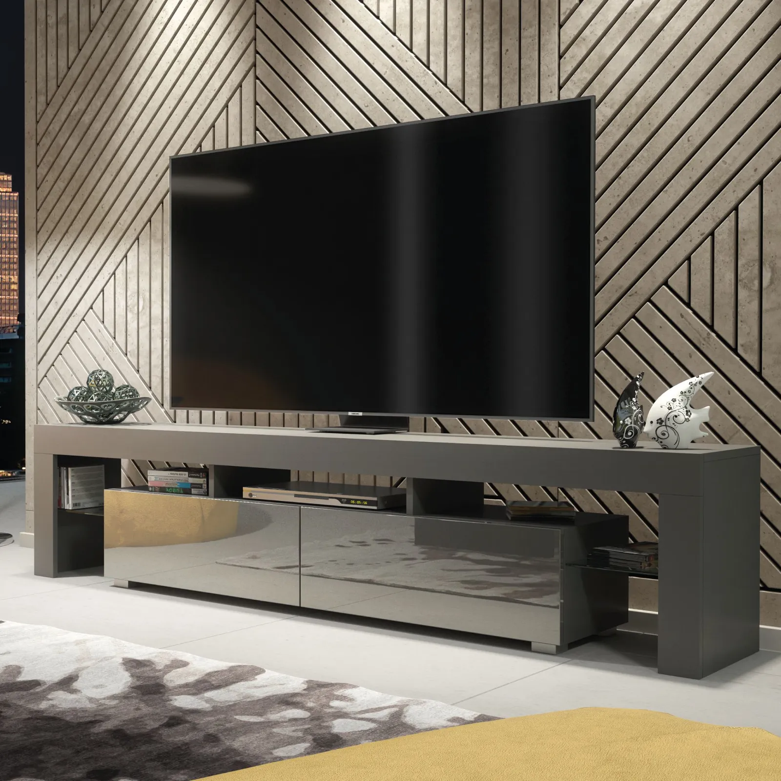 Creative Furniture TV Unit 200cm Modern - Dark Grey with High Gloss Doors