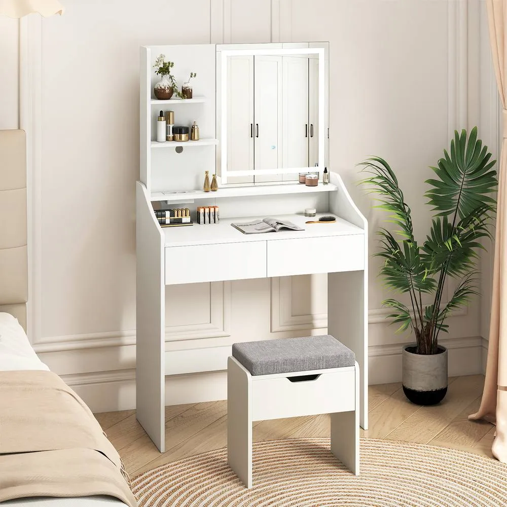 Costway Wooden Vanity Desk Set w/ Mirror & Lights Makeup Table w/Storage Stool in White 3