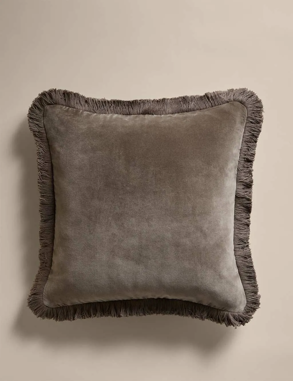 M&S Pure Cotton Velvet Fringed Cushion Khaki
