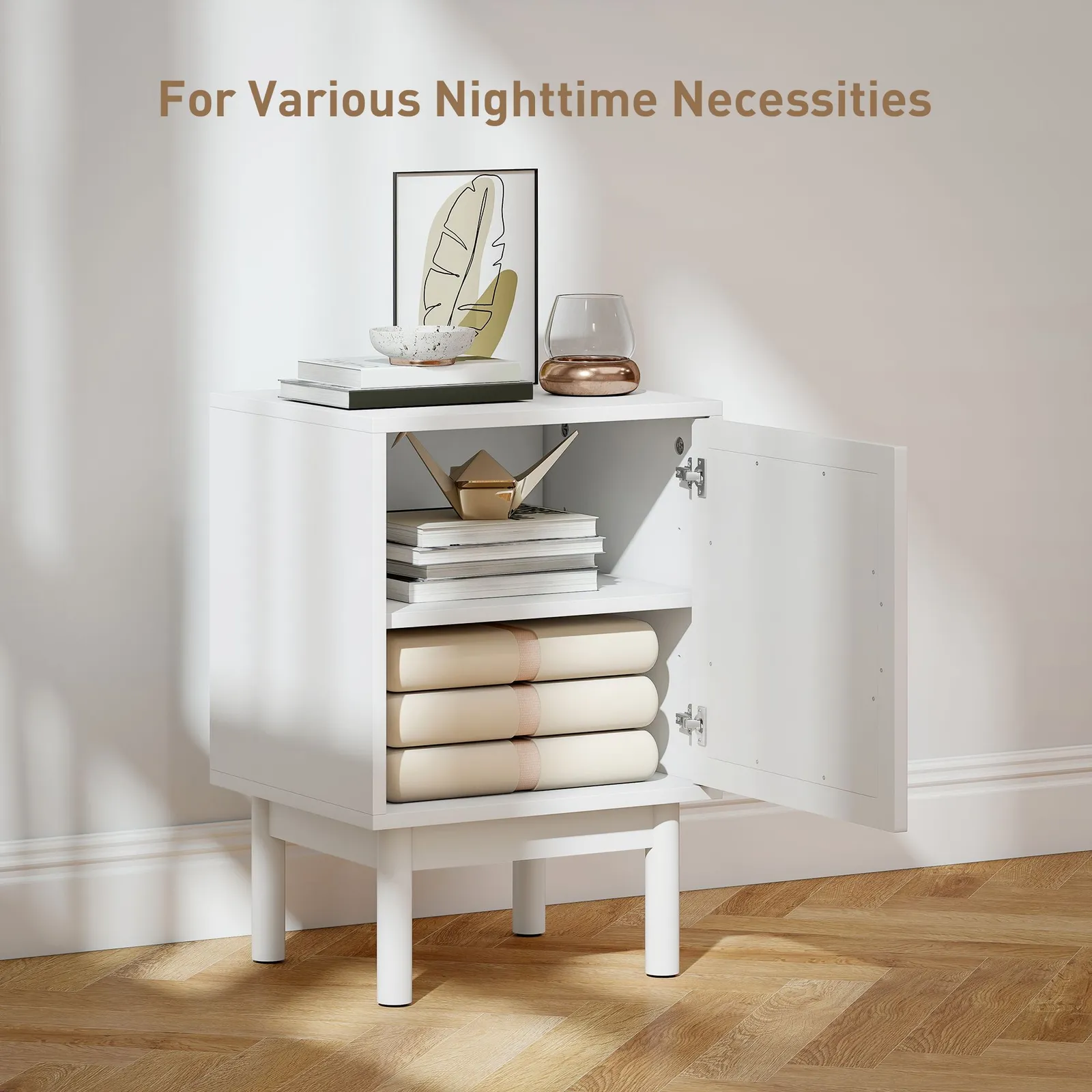 HOMCOM Boho Bedside Table with Rattan Door & Adjustable Shelf in White 4
