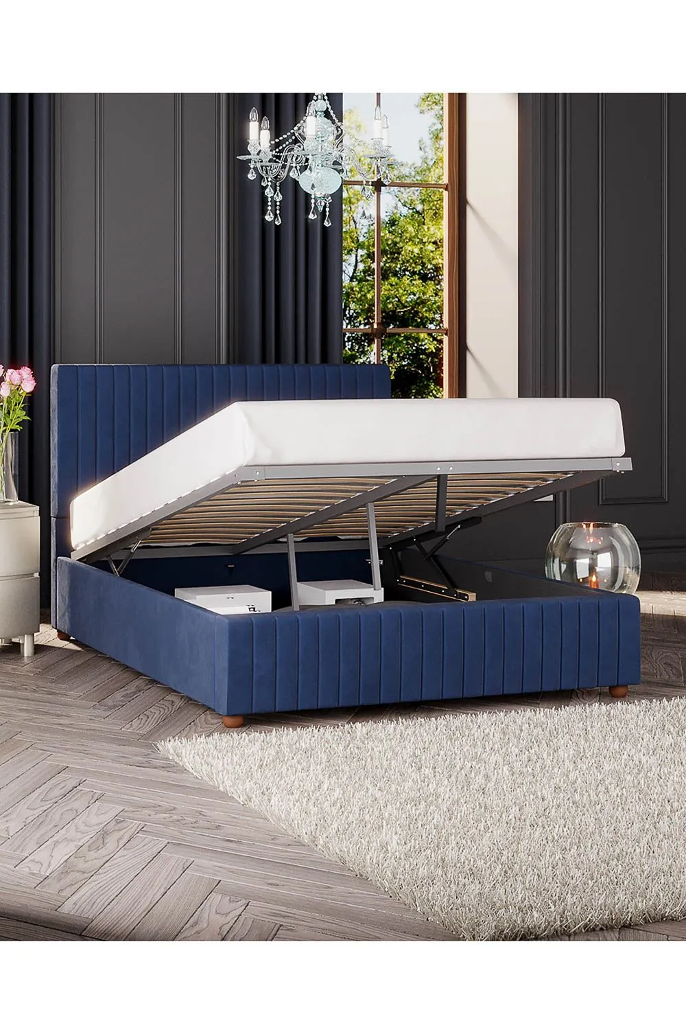 Laurence Llewelyn-Bowen Estella Ottoman Storage Bed in Plush Velvet Fabric, Custom Made in Navy 4