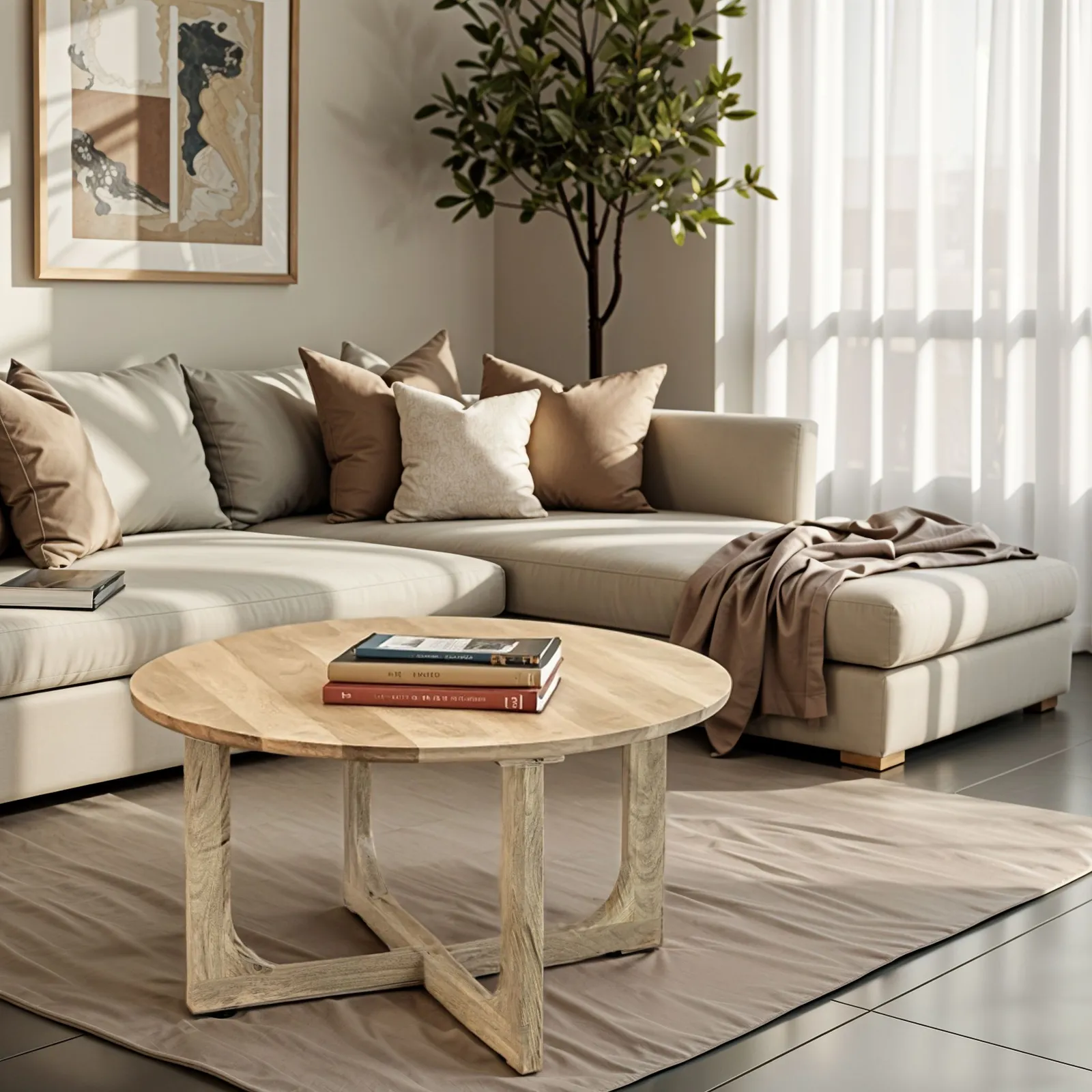 IH Design Bathwick Natural Solid Mango Wooden Round Coffee Table in Light Brown