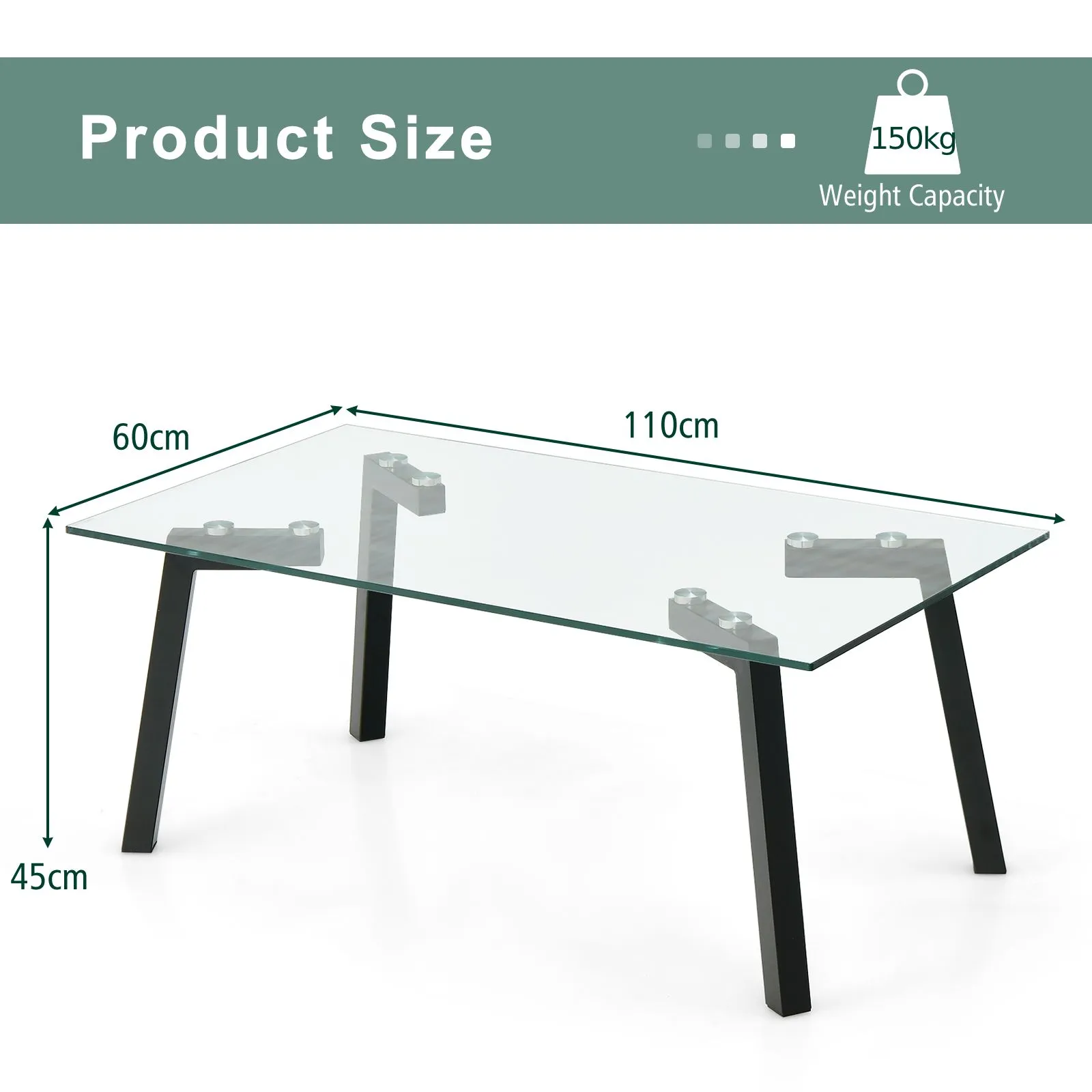 Costway Tempered Glass Coffee Table Rectangular Cocktail Snack Tea Table with Metal Leg in Clear 2