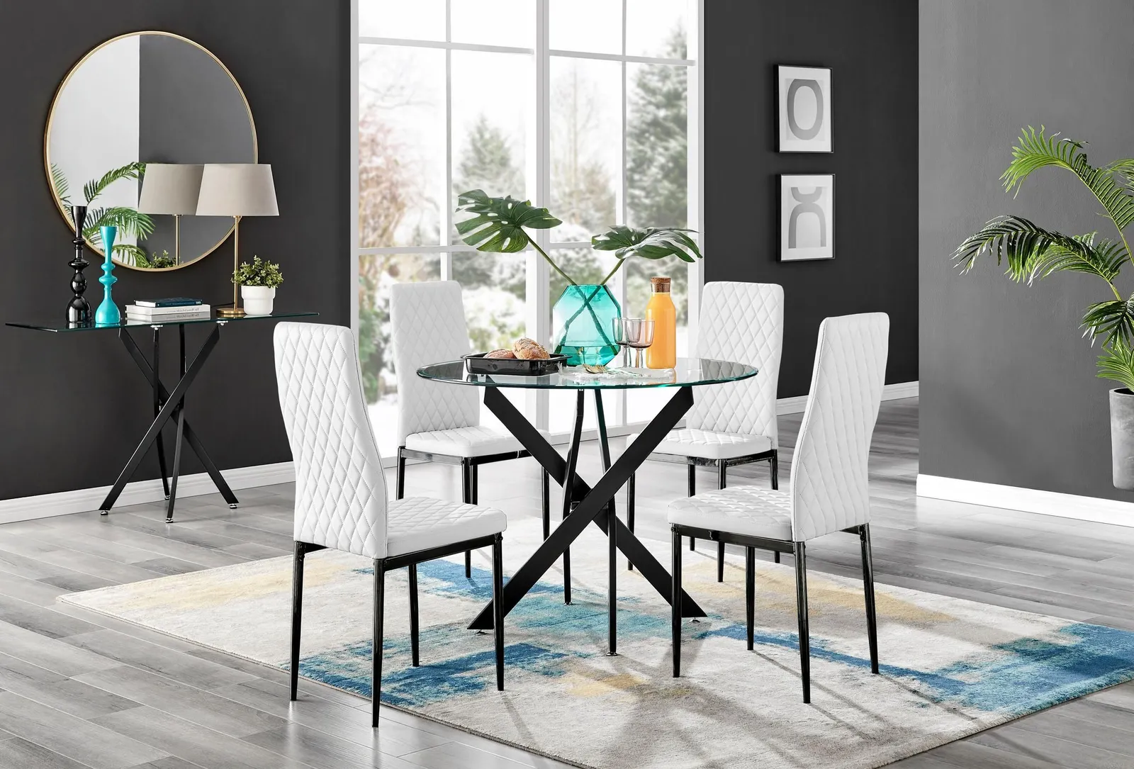 FurnitureboxUK Novara 4 Seater Black Leg Round Glass Dining Table & 4 Milan Faux Leather Black Leg Chairs in White 1
