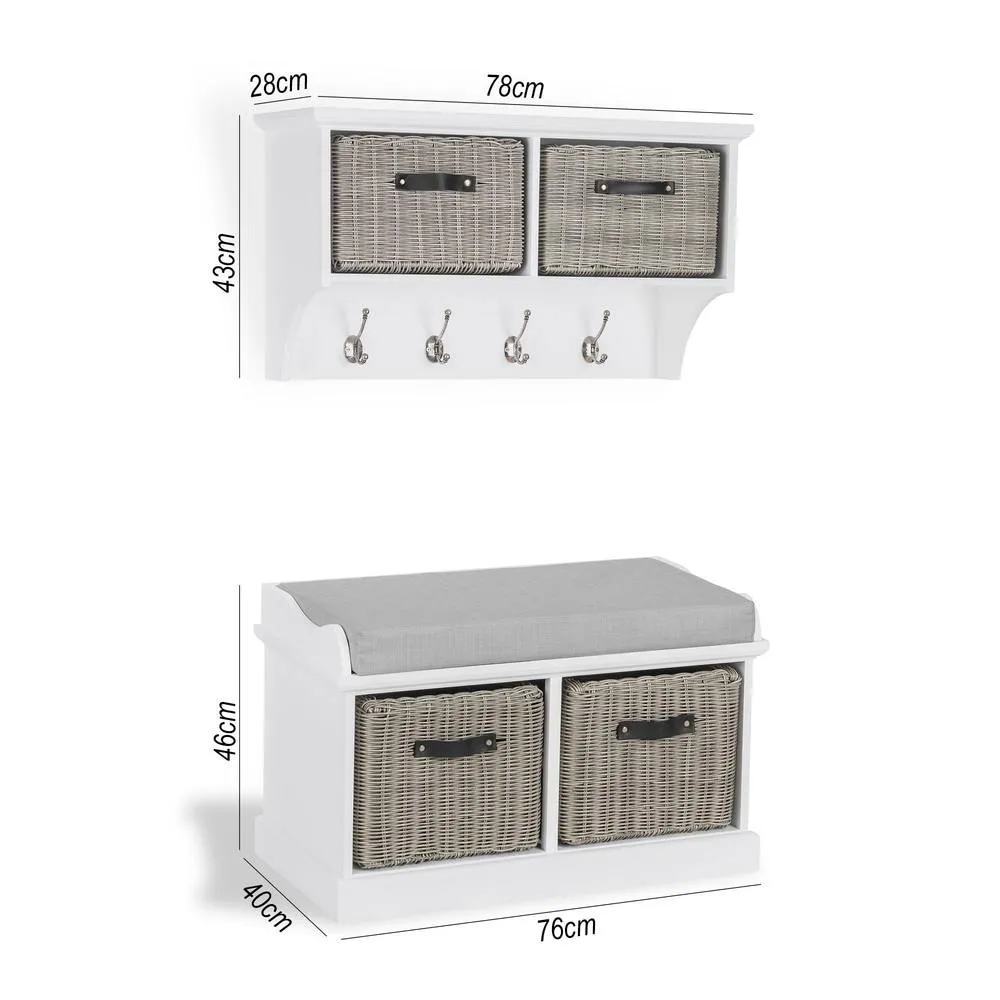 Statement Furniture Tetbury 2 Grey Faux Rattan Basket & Grey Cushion Hallway Set in White 2