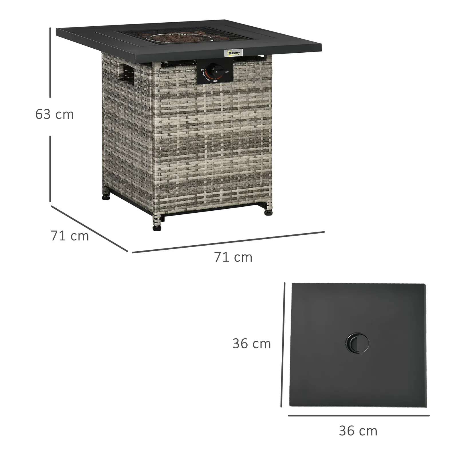 OUTSUNNY Rattan Gas Fire Pit Table with Mesh Lid & Rain Cover, Lava Stone, 40, 000 BTU in Grey 3