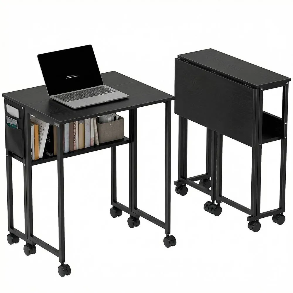 HOMCOM 63 cm Foldable Computer Desk on Wheels for Small Spaces Black 2