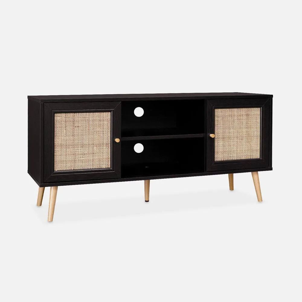 sweeek 120cm Tv Unit Wooden & Cane Effect 2 Doors in Black 6