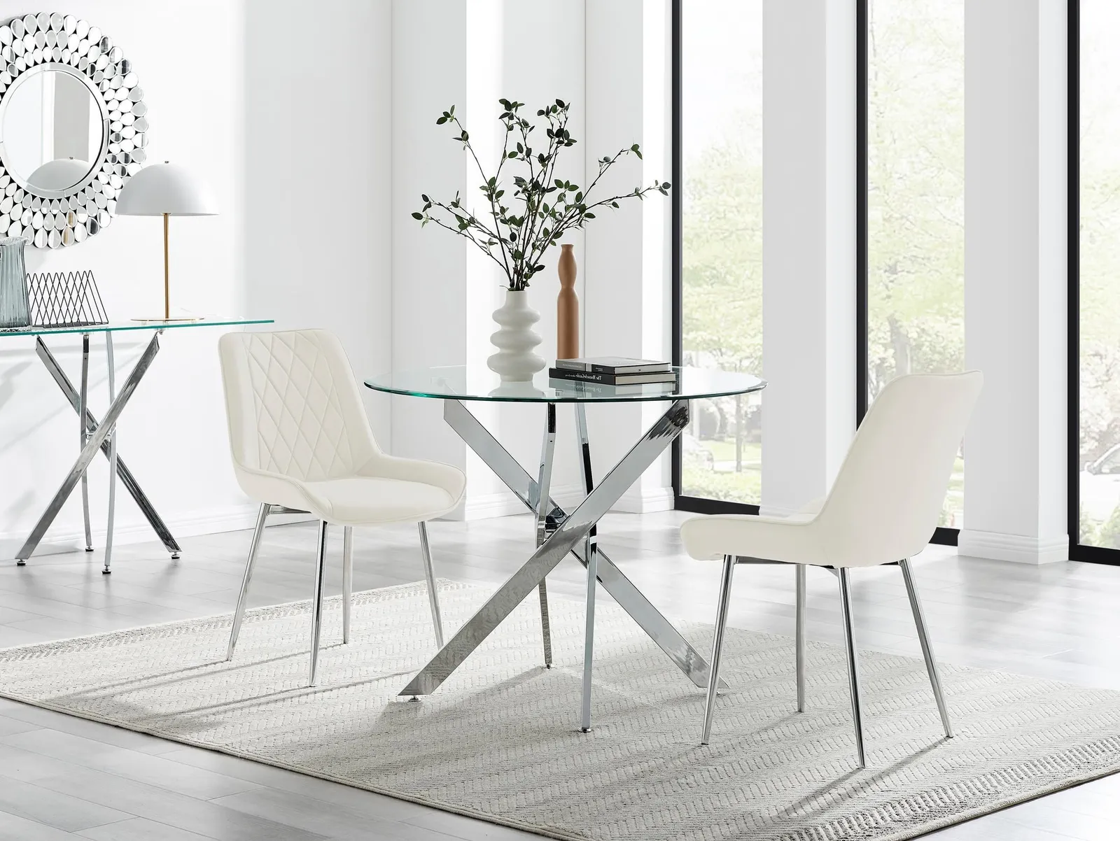 FurnitureboxUK Novara 100cm Round Dining Table & 2 Pesaro Silver Leg Chairs in Cream 1