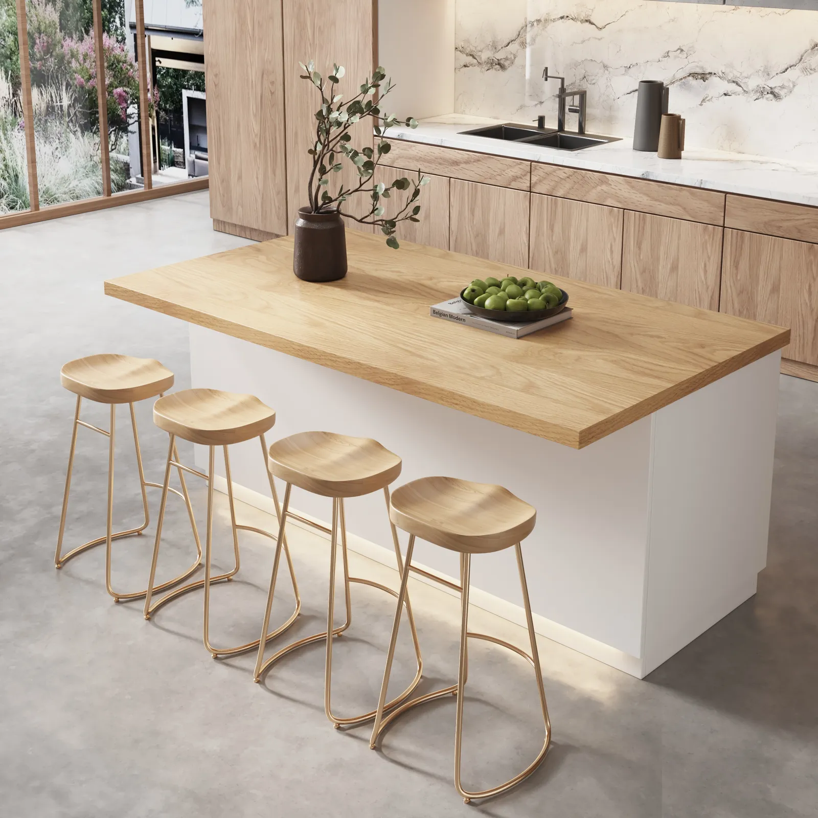 180 cm Japandi Kitchen Island Natural & White Wooden Storage Kitchen Cabinet with Light