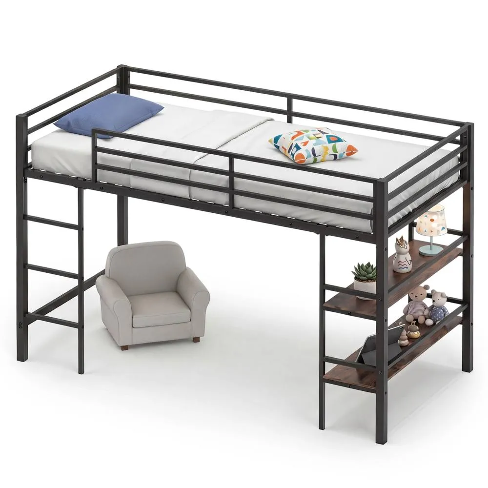 Costway Single Size Metal Loft Bed w/Storage Shelves No Box Spring Needed in Brown