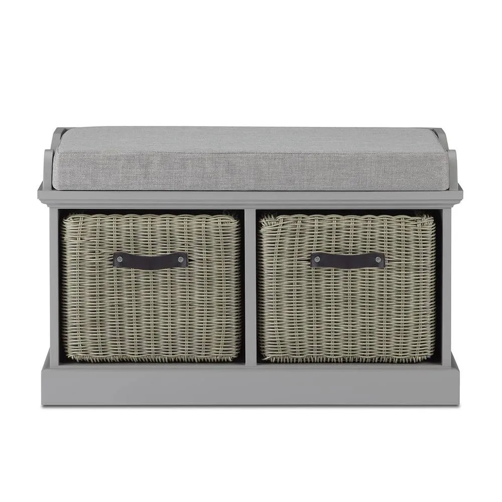 Statement Furniture Tetbury Bench with 2 Grey Faux Rattan Baskets & Grey Cushion in Light Grey 3