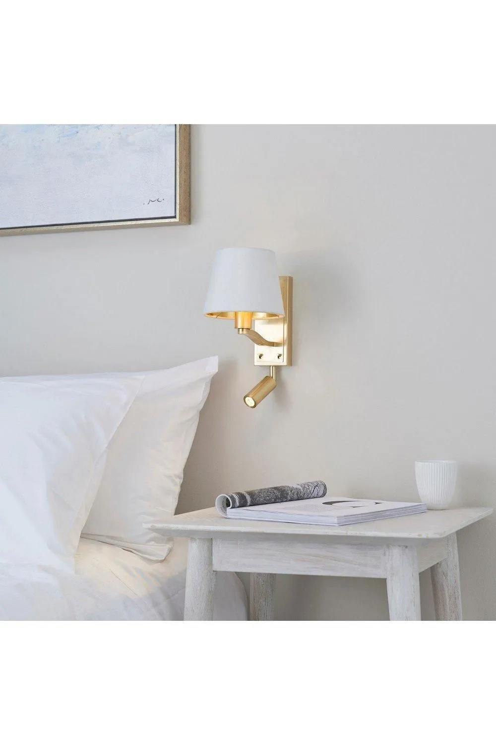 Netlighting Harvey 1 Light Indoor Wall Light Satin Brushed Gold Vintage White Faux Silk E14 6
