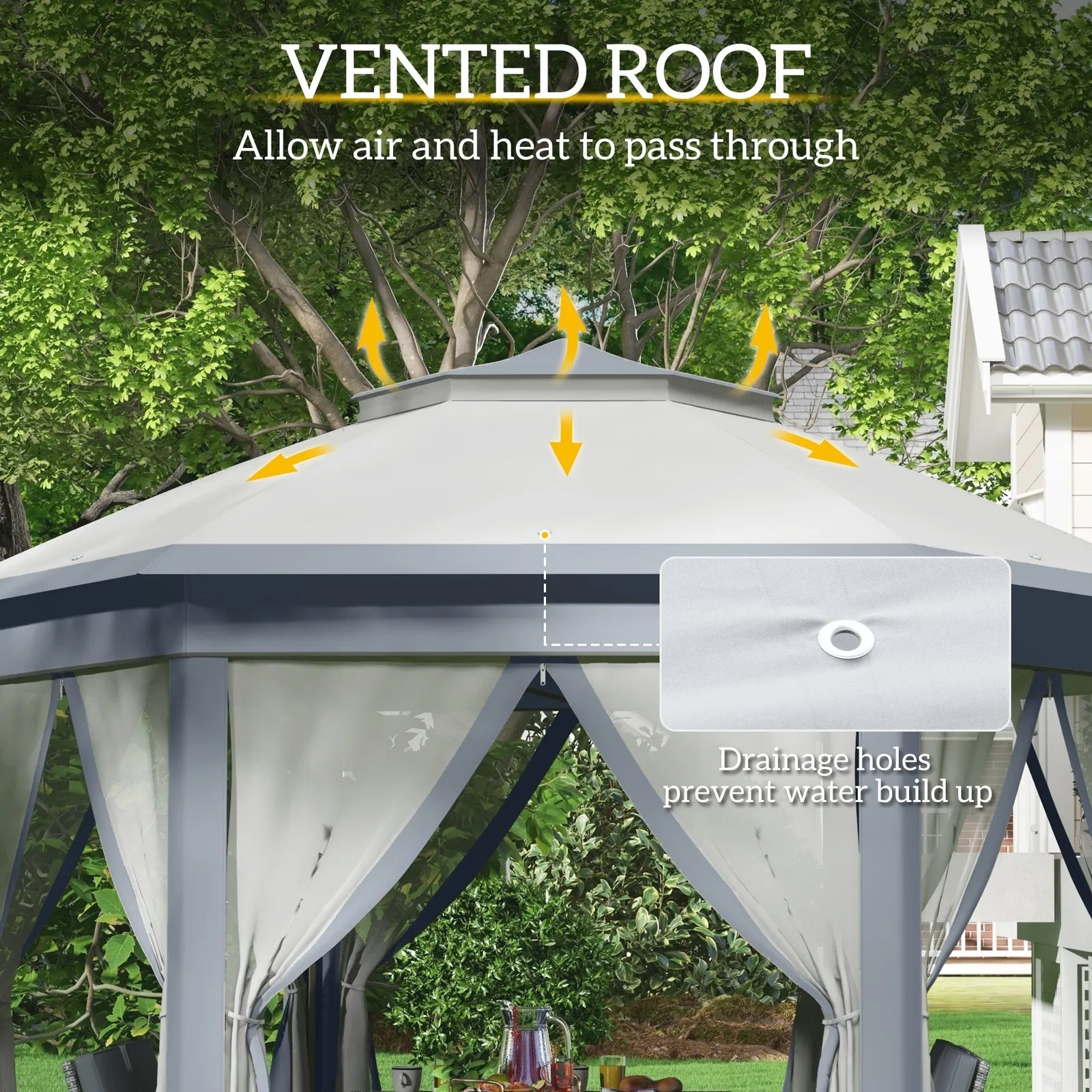 OUTSUNNY 3x4m Hexagon Gazebo w/ Metal Frame Mesh Curtains Outdoor Garden in Grey 5