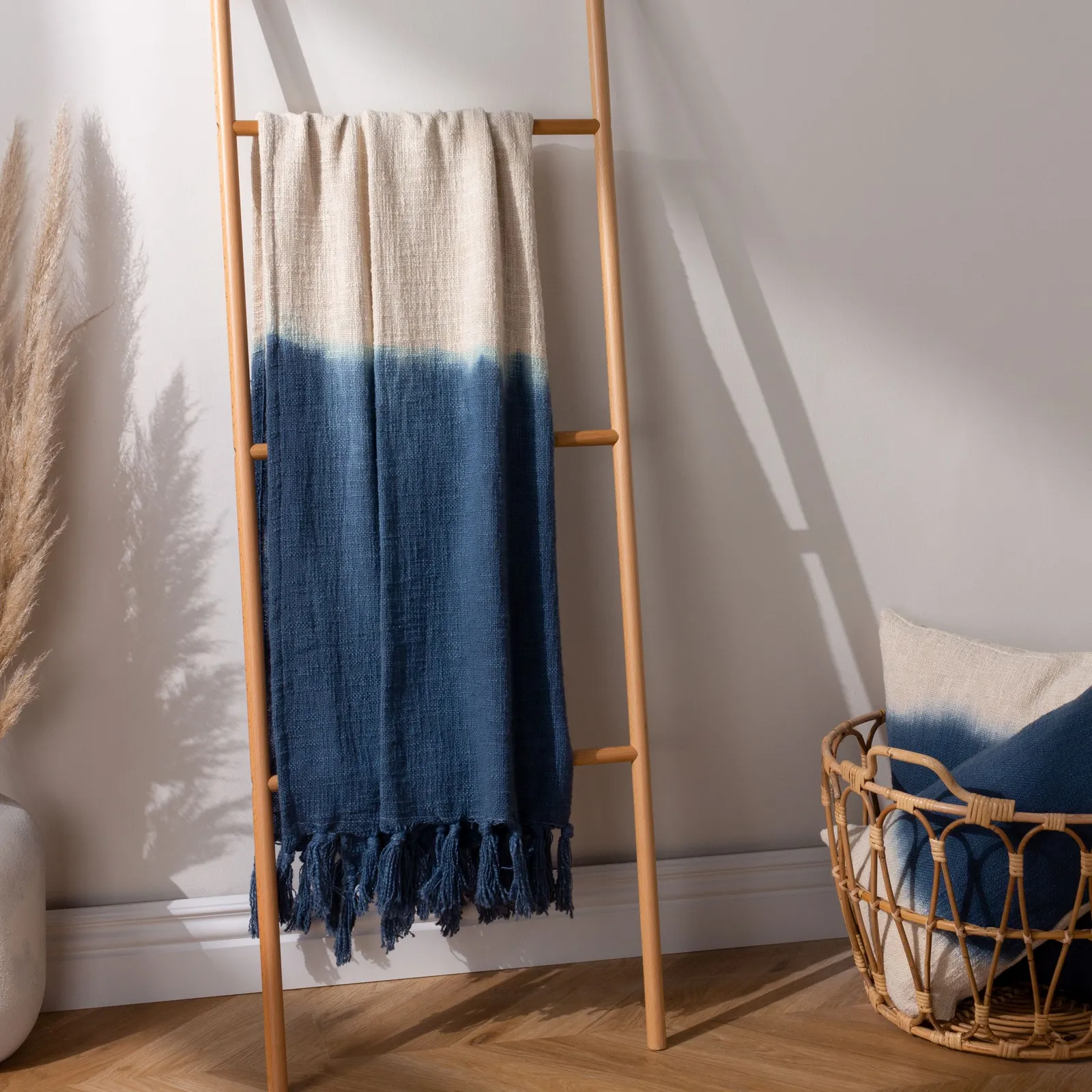 Furn Mizu Enzyme Washed Slub Dip-Dye Tasselled Throw in Navy