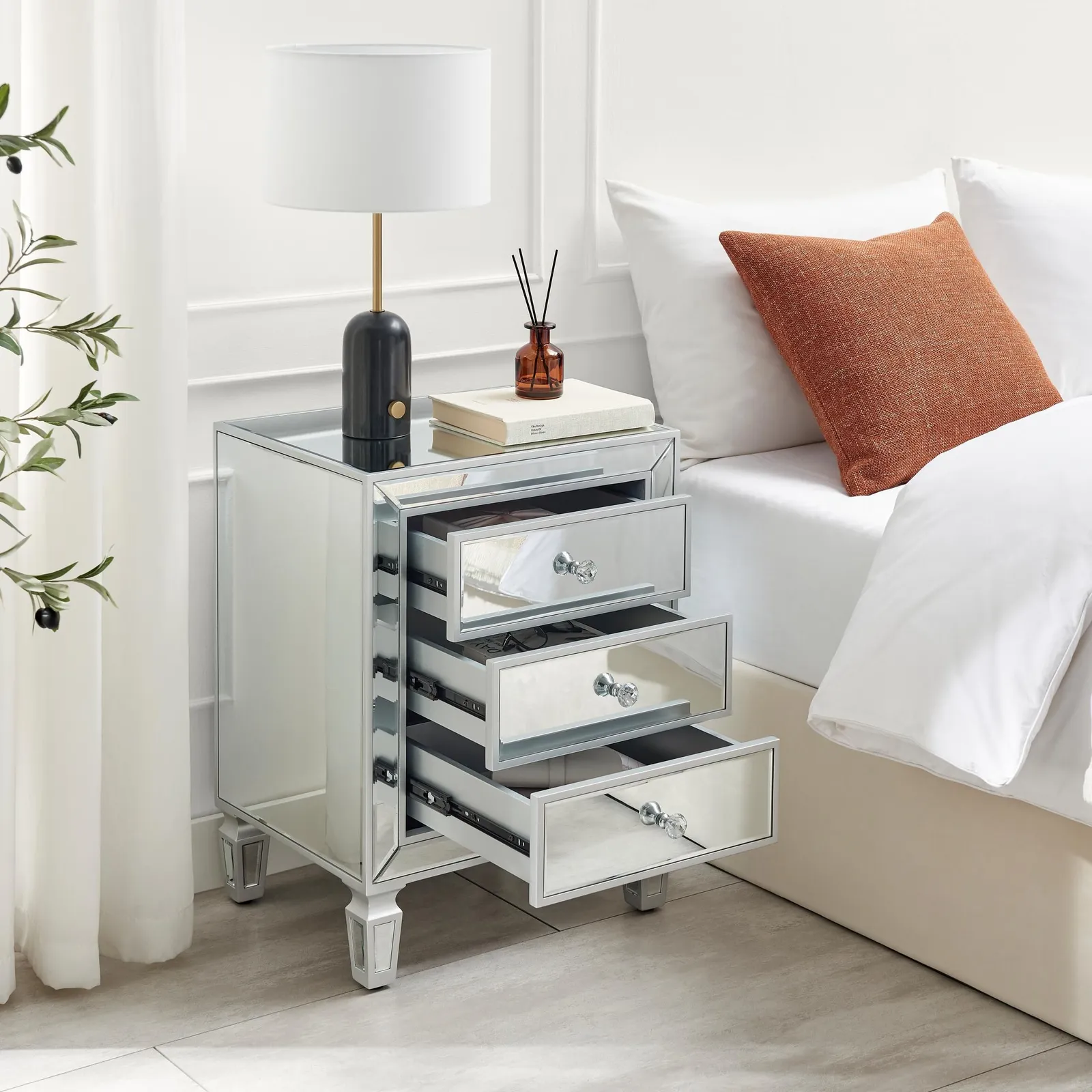 FurnitureboxUK Venice Contemporary 3 Drawer Silver Framed Mirrored Bedside TableWith Crystaline Shaped Handles 3