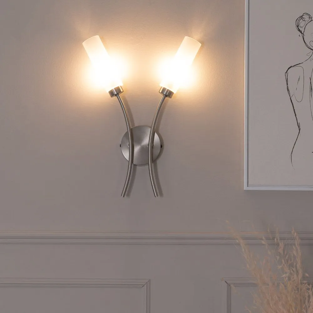 ValueLights Maya Pair of 2 Way Curved Upright Reed Shaded Wall Lights in Silver 1