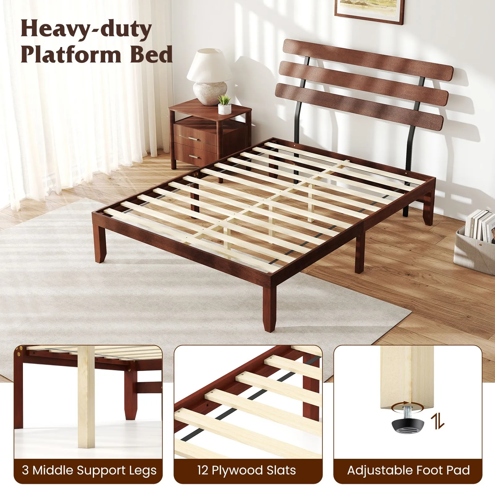 Costway King Size Bed Frame Solid Wood Platform Bed w/Retro Headboard in Walnut 5