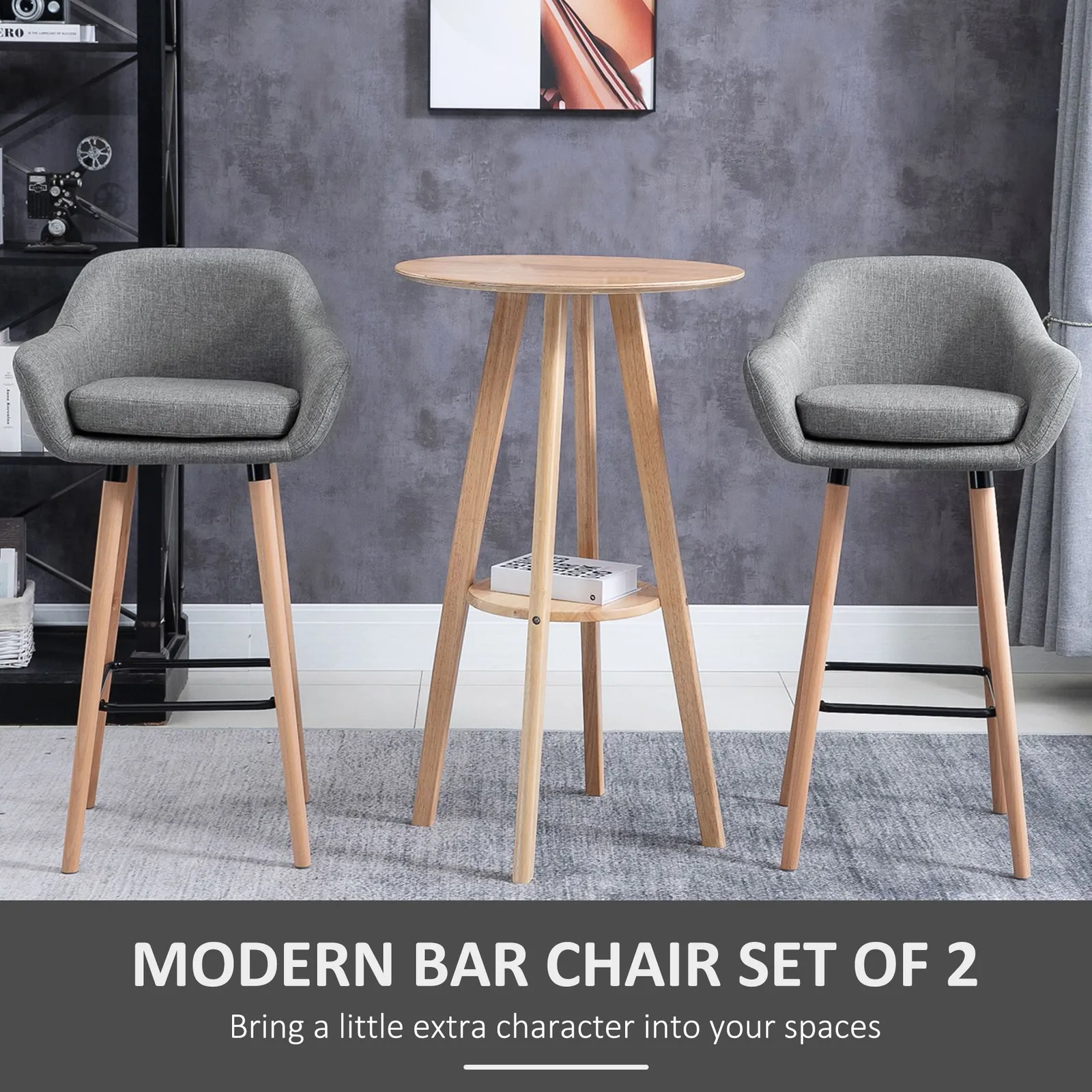 HOMCOM PCs Modern Upholstered Fabric Bucket Seat Bar Stools w/ Solid Wood Legs in Grey 4