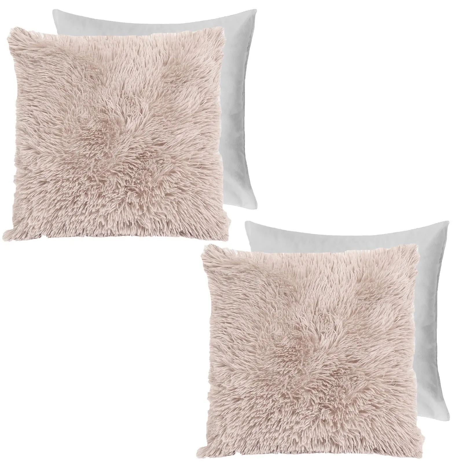 OHS Set of 2 Fluffy Shaggy Square Filled Cushion Covers in Natural