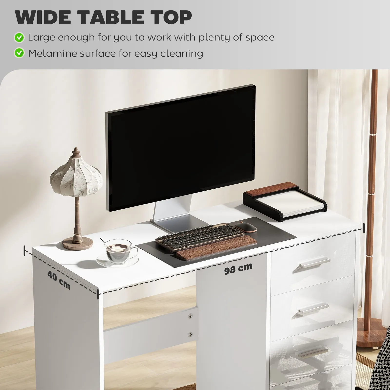 HOMCOM Computer Writing Desk, Study Table with 4 Drawers in White 5
