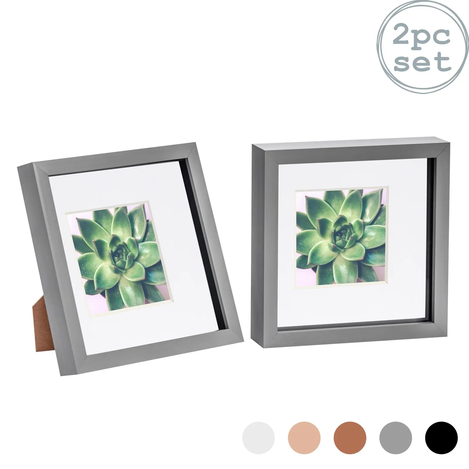 Nicola Spring 3D Box Photo Frames - 8 x 8" with 4 x 4" Mount - Grey Mount - Pack of 2