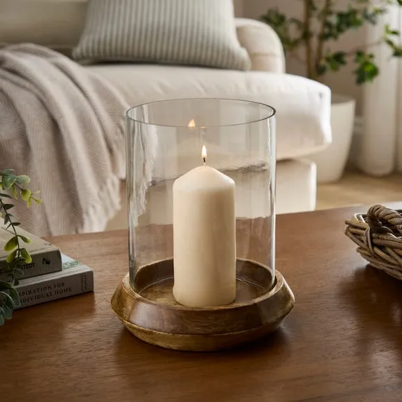 Mango Wood & Glass Hurricane Candle Holder