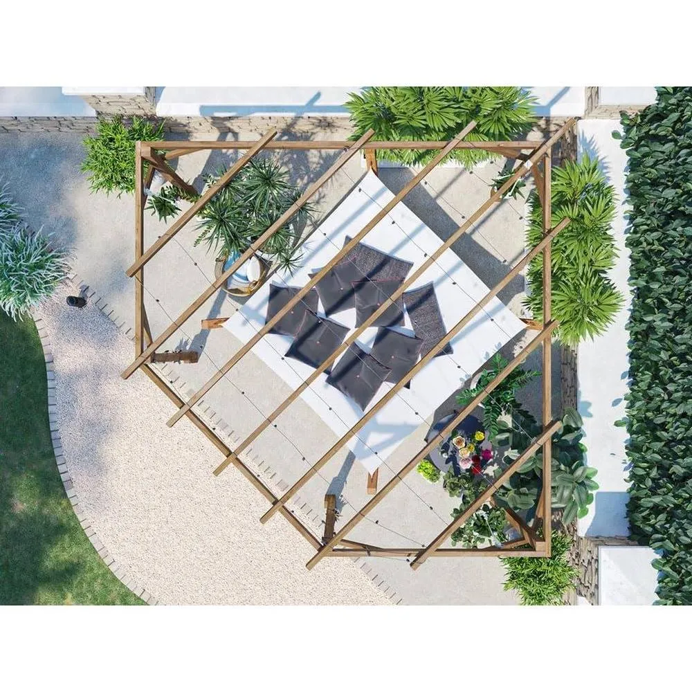 Dunster House Wooden Corner Pergola 3m x 3m with Slats & Trellis, Utopia Diamond in Brown 3