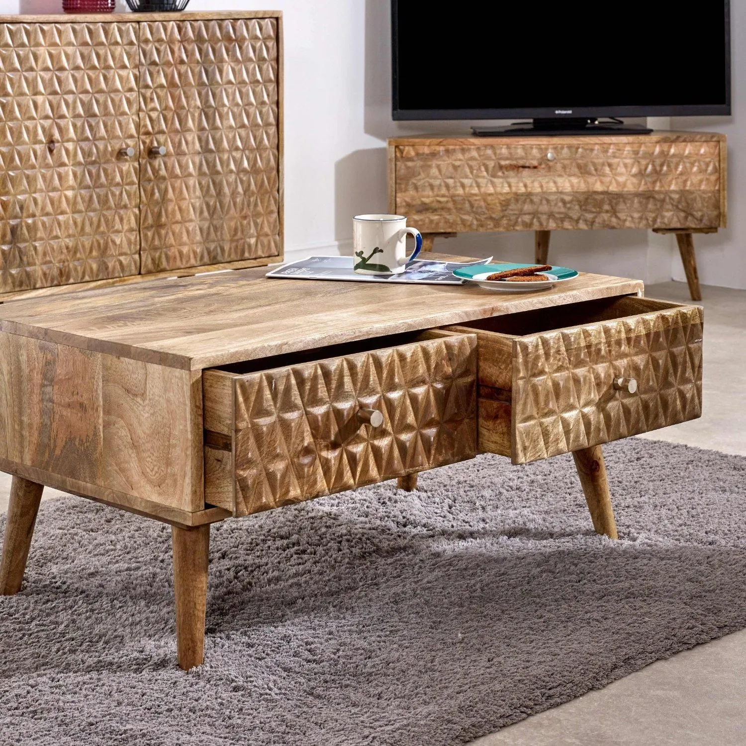 IH Design Ryley Light Mango Wood Coffee Table with 2 Drawers in Natural 3