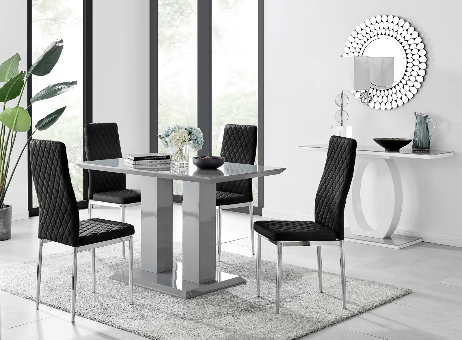 FurnitureboxUK Imperia Grey High Gloss 4 Seater Dining Table with Structural 2 Plinth Column Legs 4 Soft Velvet Silver Leg Milan Chairs in Black