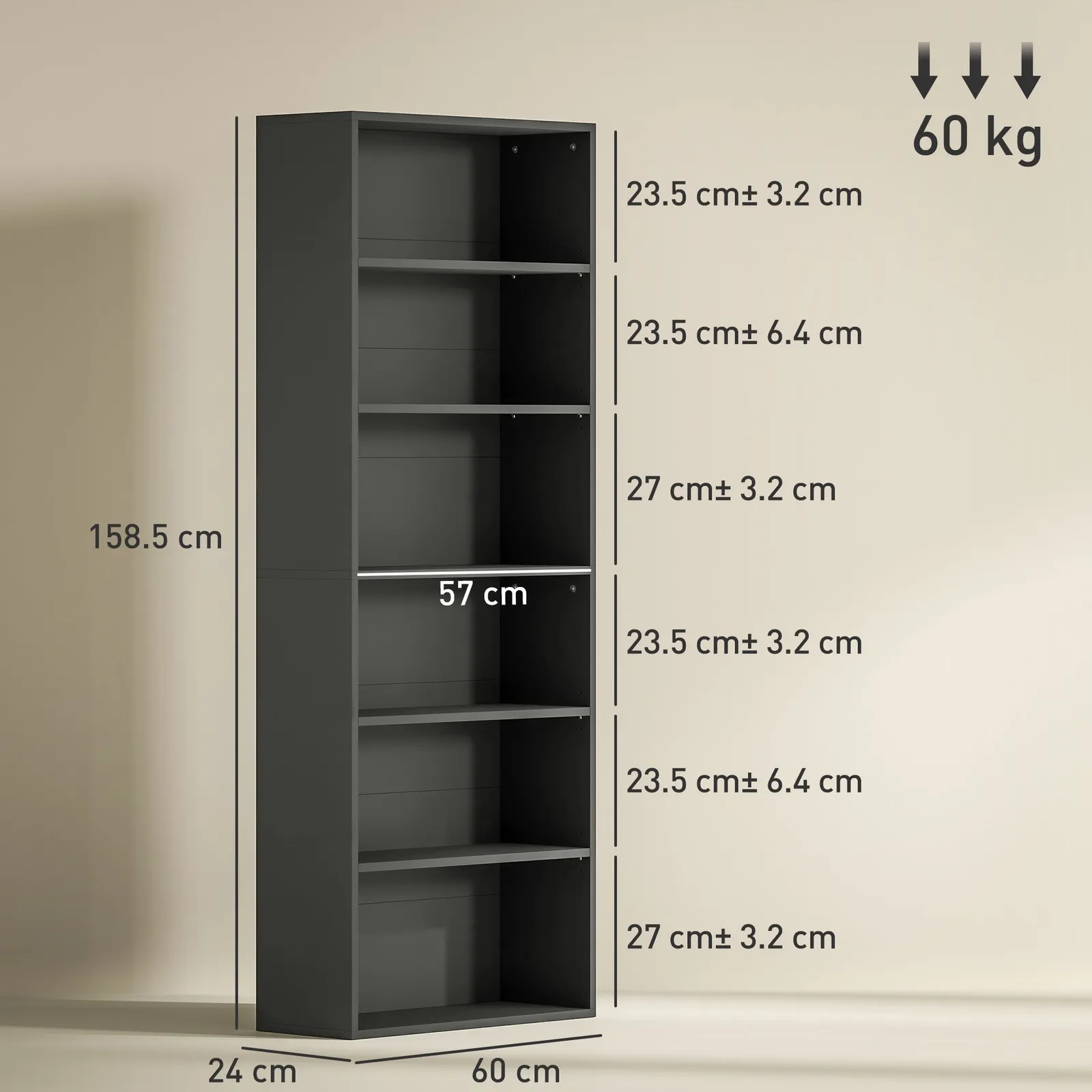 HOMCOM 6 Tier Bookshelf, Freestanding Bookcase with Adjustable Shelves, Black 3