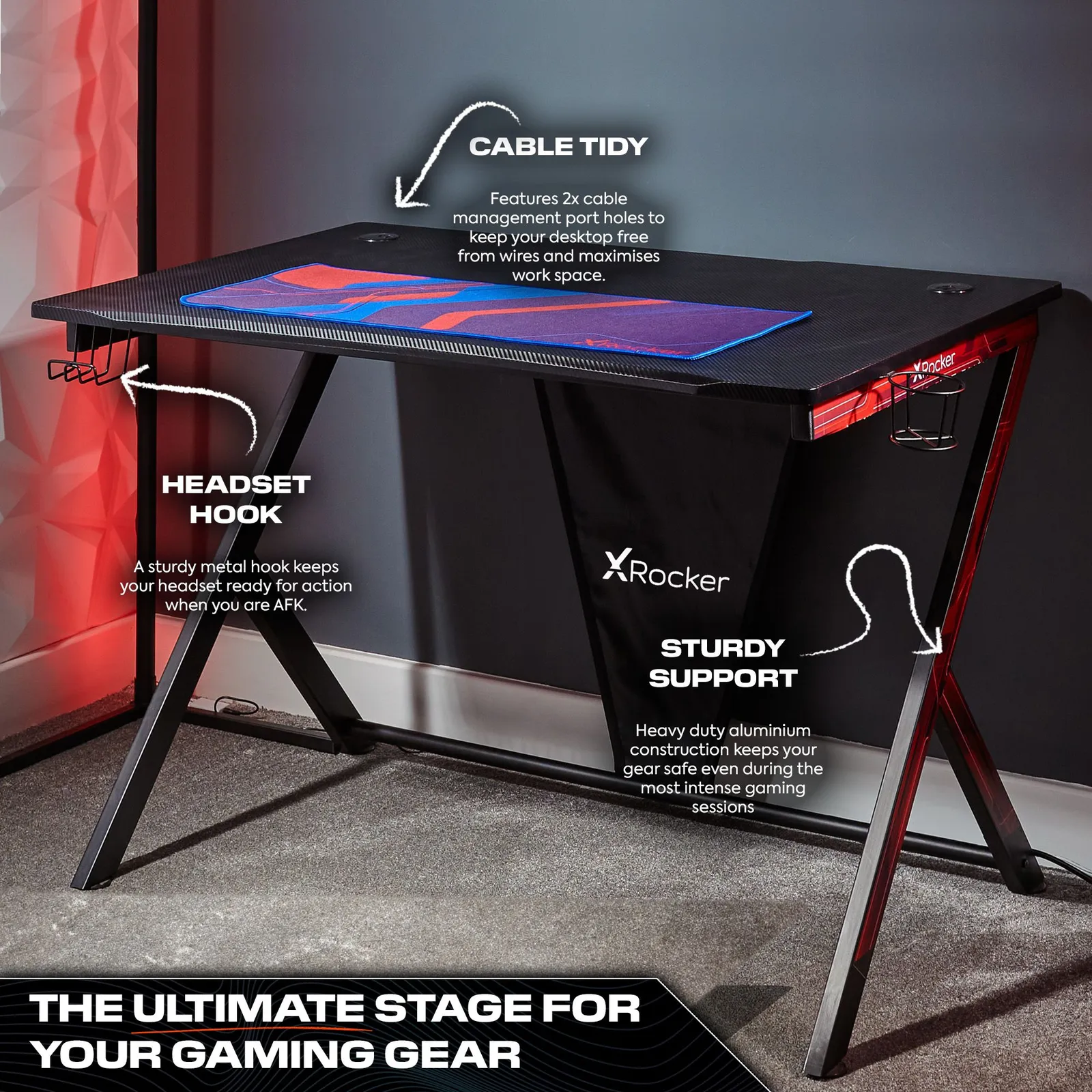 X Rocker Ocelot 115cm Gaming Desk with Mousepad, Headphone Hook & Cupholder in Black 5