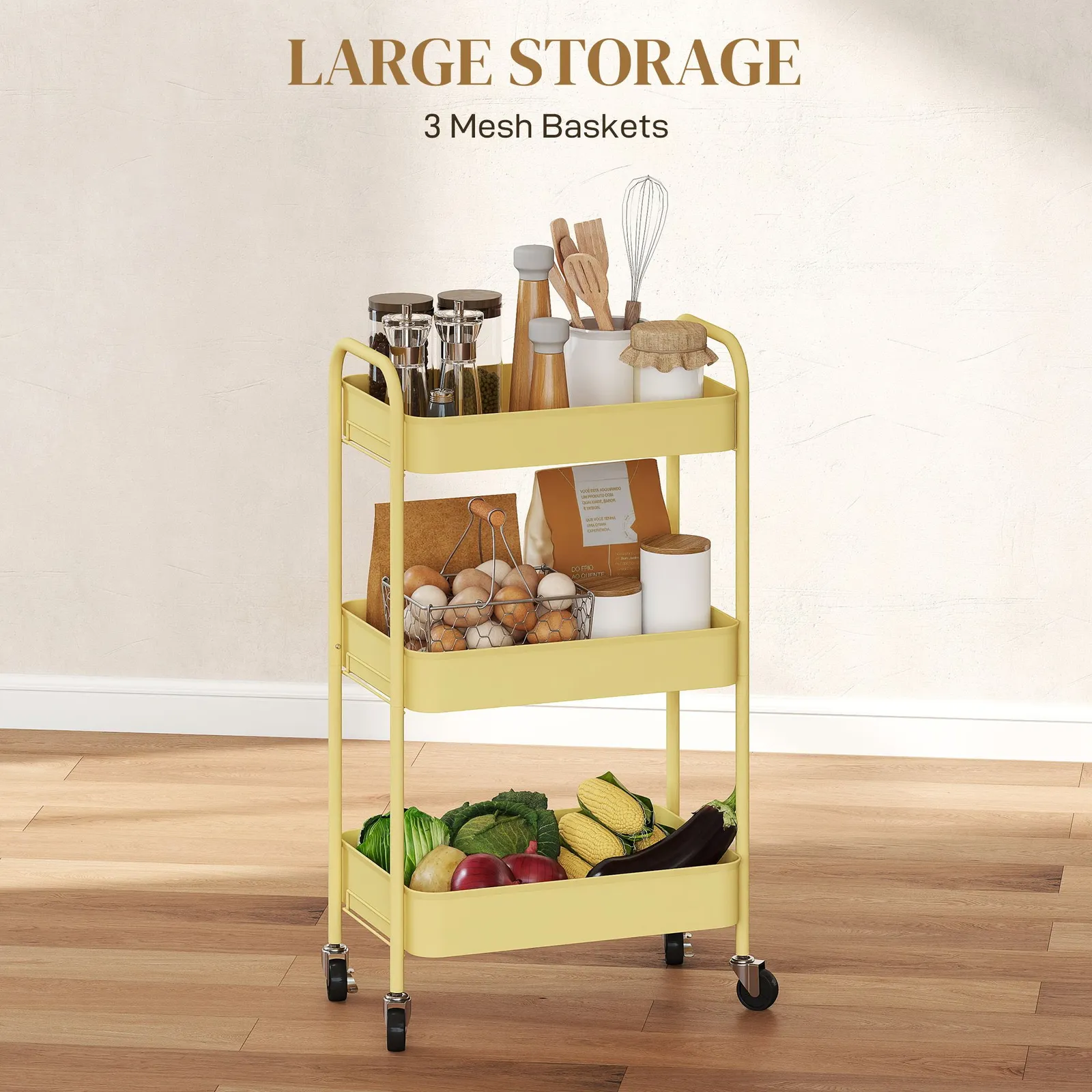 HOMCOM 3 Tier Rolling Utility Cart with 3 Mesh Basket in Yellow 4