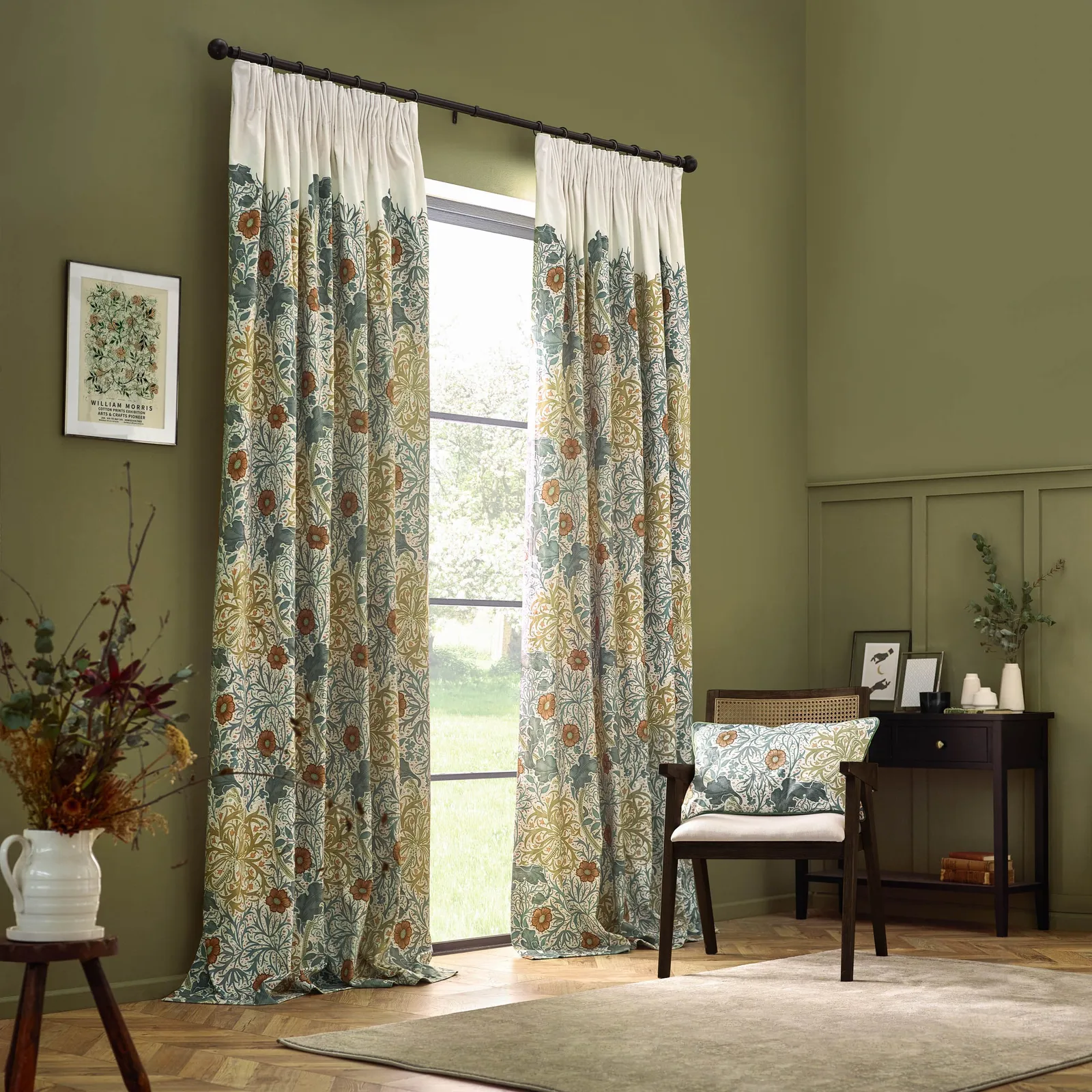 Morris & Co Seaweed Printed Velvet Room Darkening Pencil Pleat Curtains in Stone 2