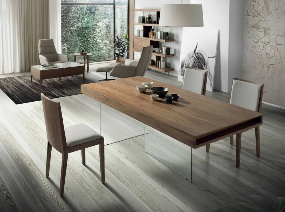 Angel Cerda Walnut Veneer Dining Table with Tempered 6