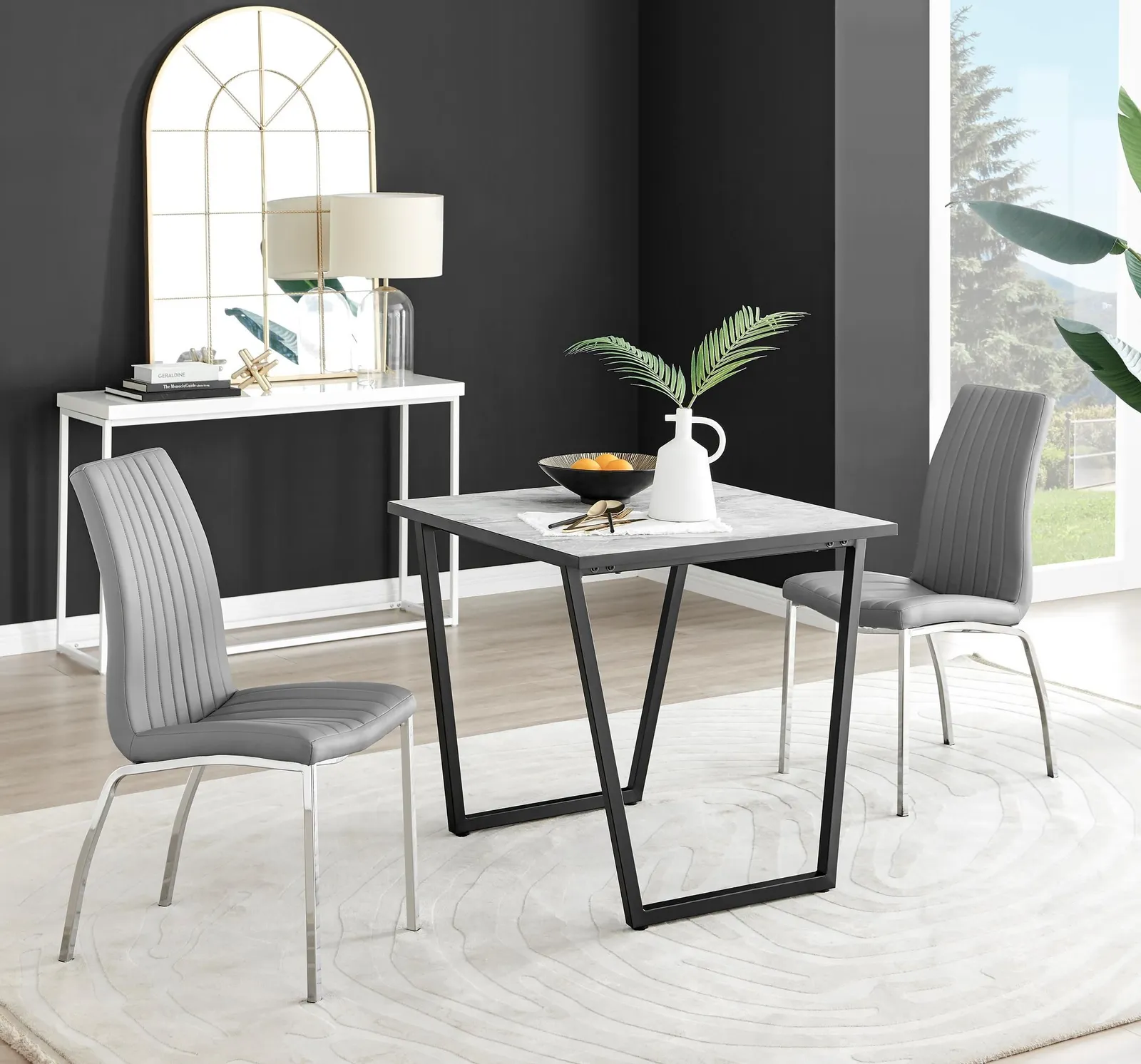 FurnitureboxUK Carson White Marble Effect Square Dining Table & 2 Faux Leather Isco Chairs in Grey
