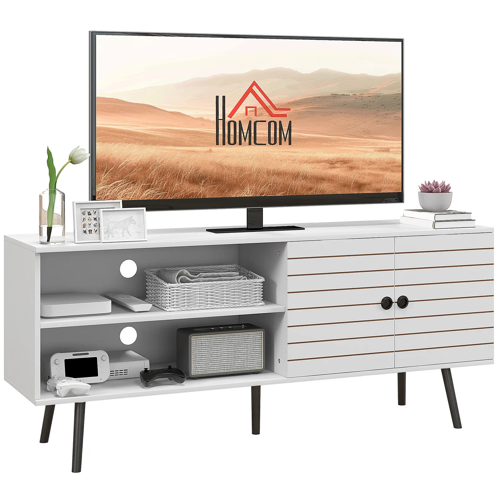 HOMCOM TV Stand Cabinet for TVs with Open Shelves, Soft-close Door, Cable Holes in White 2