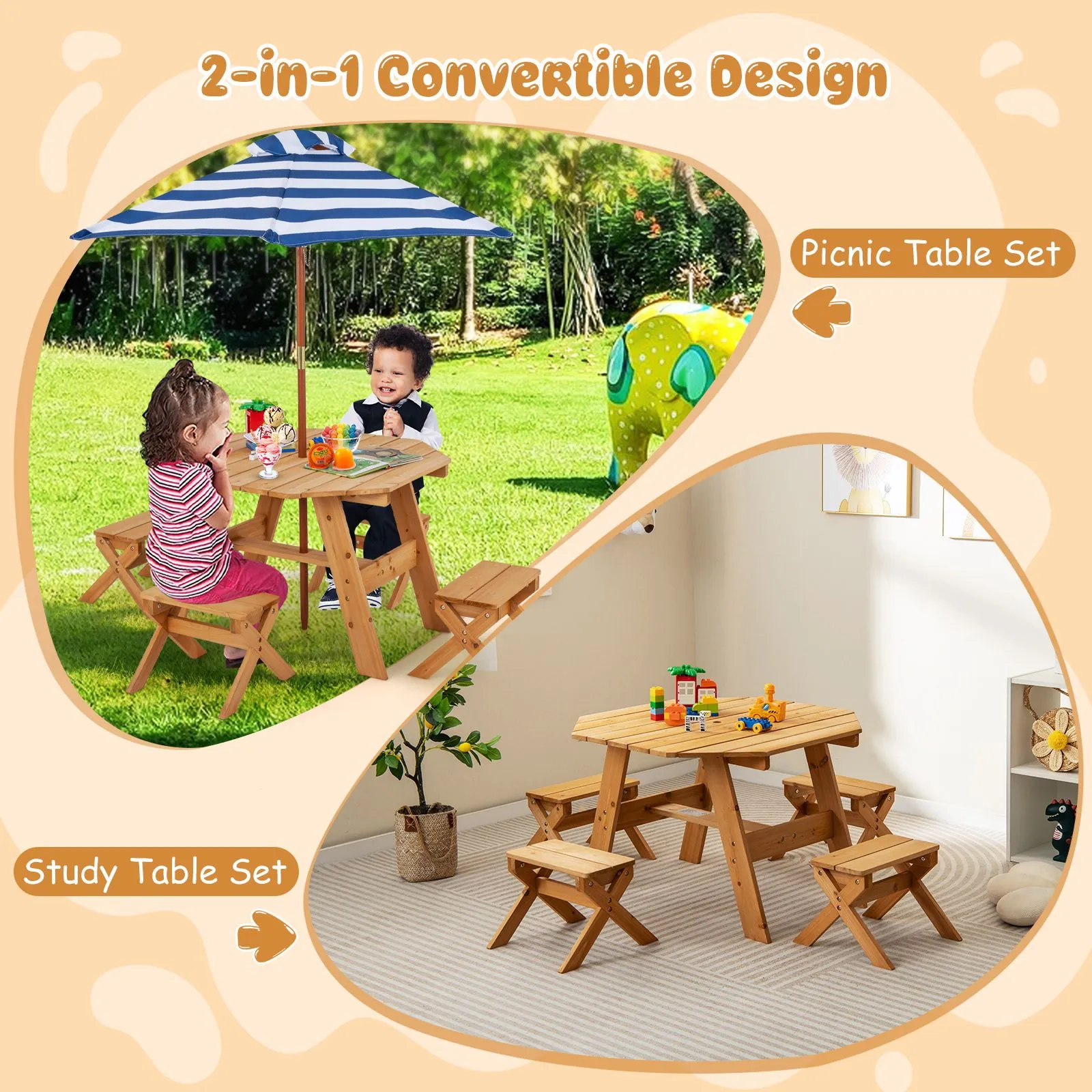 Costway Wooden Octagon Table Set Picnic Table & 4 Chairs with Umbrella in Natural 3